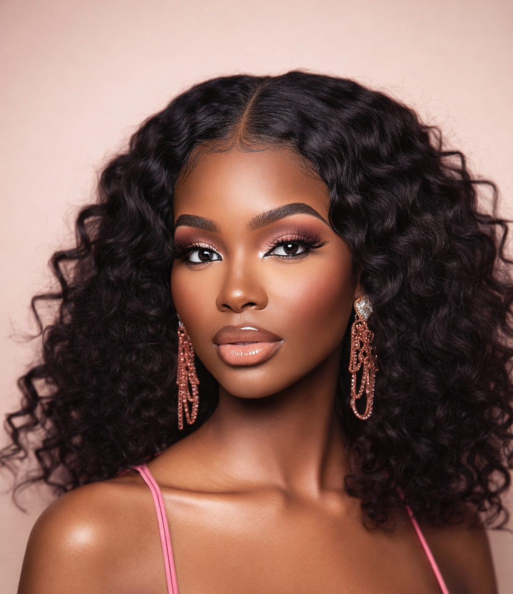 Woman with voluminous curly hair wearing a pink top against a light pink background