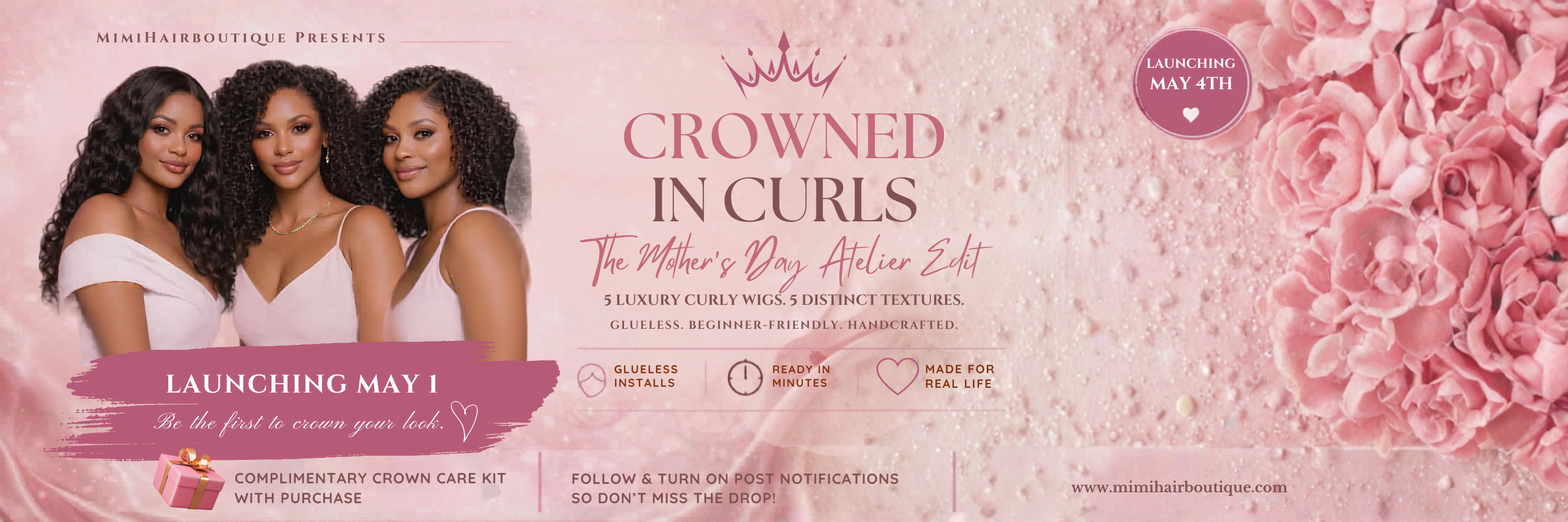 Promotional banner for 'Crowned in Curls' with three women and floral design.