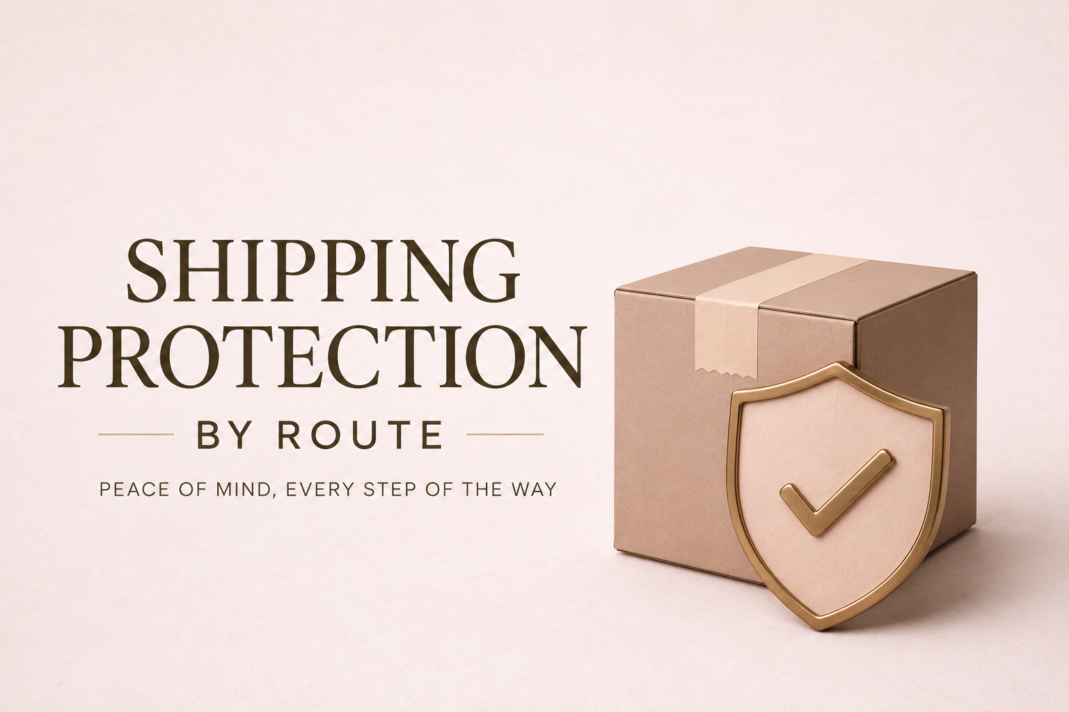 Cardboard box with a shield emblem and text about shipping protection by Route on a beige background