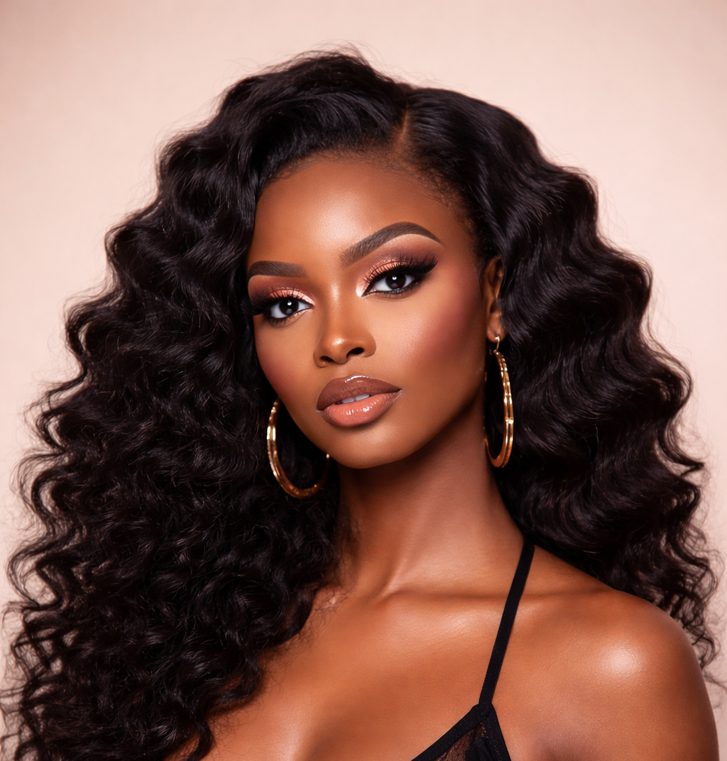 Woman wearing a black lace bralette against a beige background
