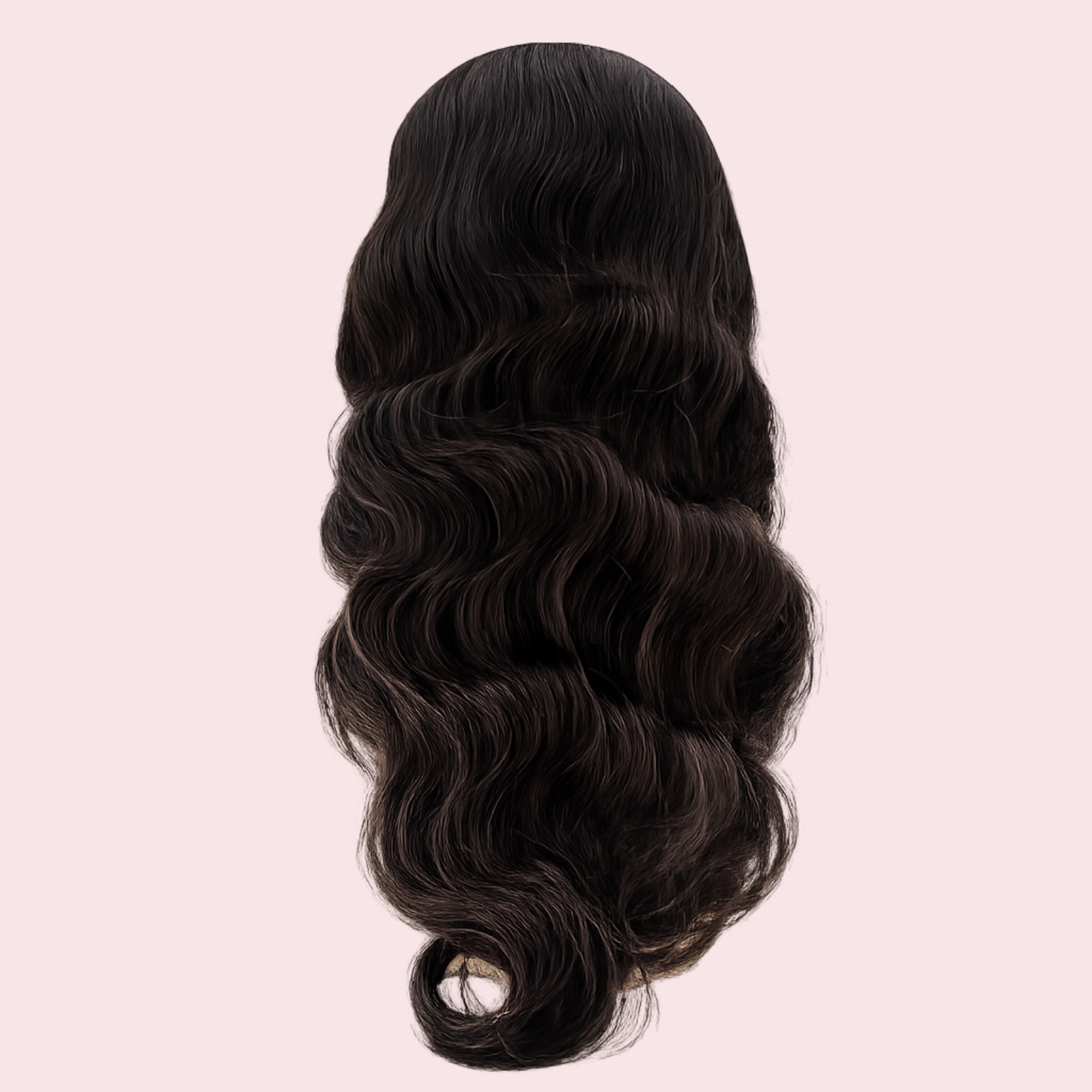 Black wavy hair extension on a light pink background
