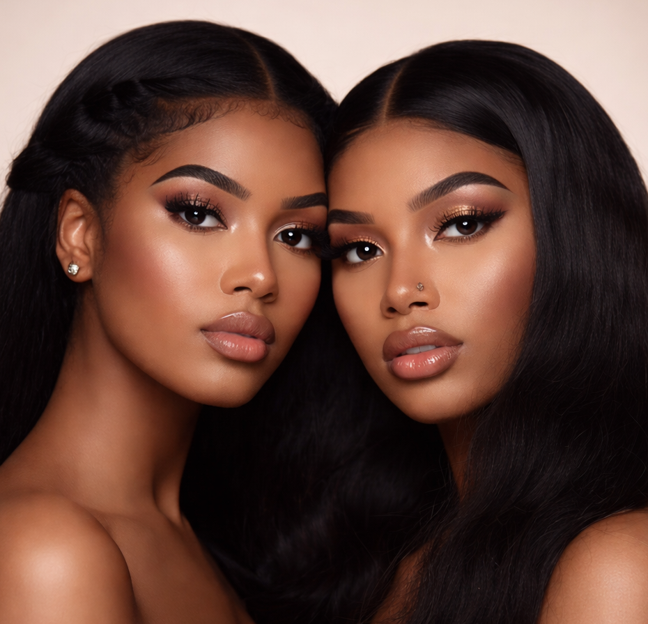 Two women with long, straight black hair against a beige background