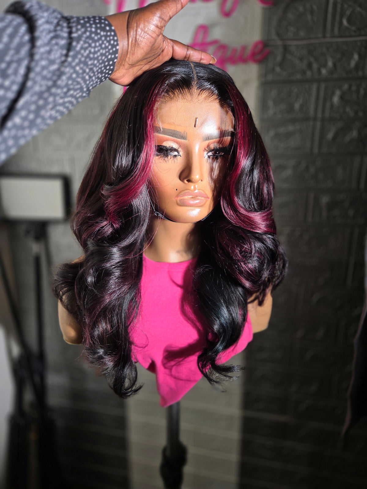 Simone - 18in Natural Black unit with Burgundy money pieces